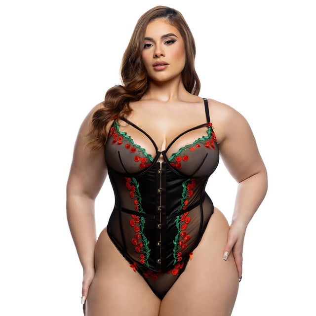Cherry Delight Corset with Thong Set Black / 1X