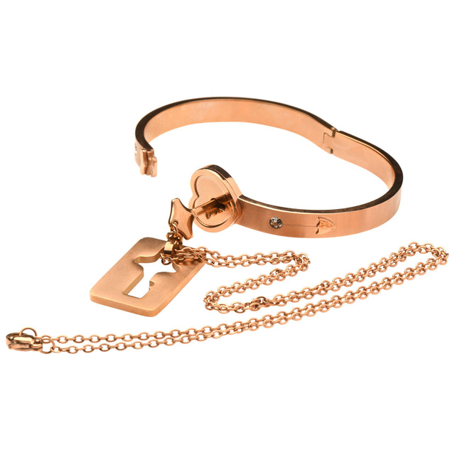 Cuffed Locking Bracelet And Key Necklace (Rose Gold)