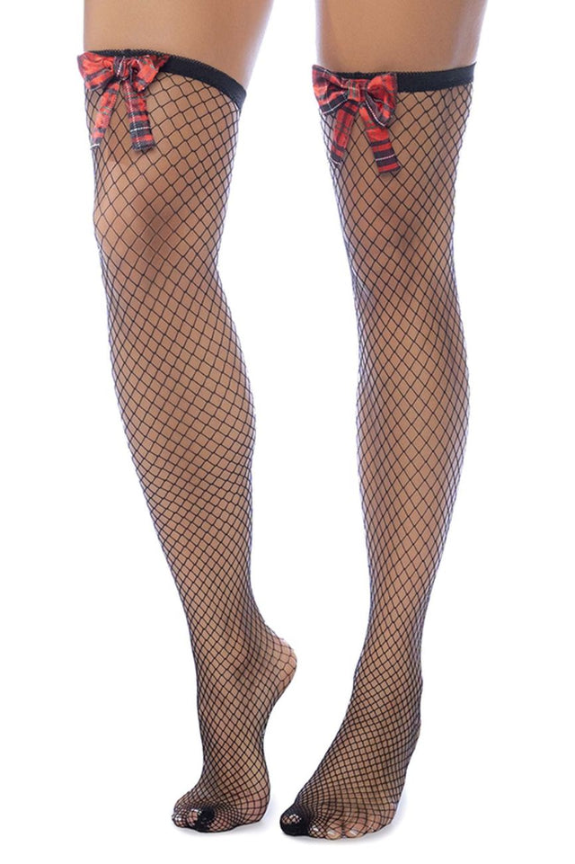 Diamond Fishnet Thigh Highs with Plaid Bows Black Plaid / One size