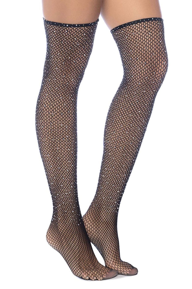 Diamond Fishnet Thigh Highs with Rhinestones Black Rhinestone / One size