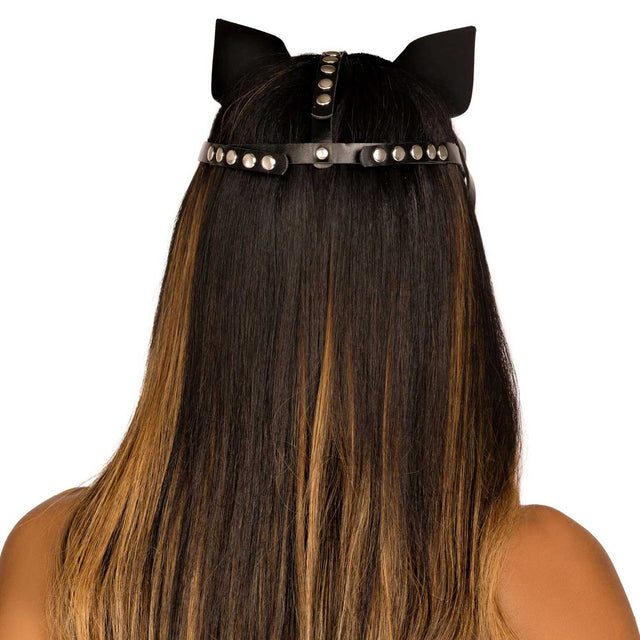 Faux Leather Studded Cat Mask Black