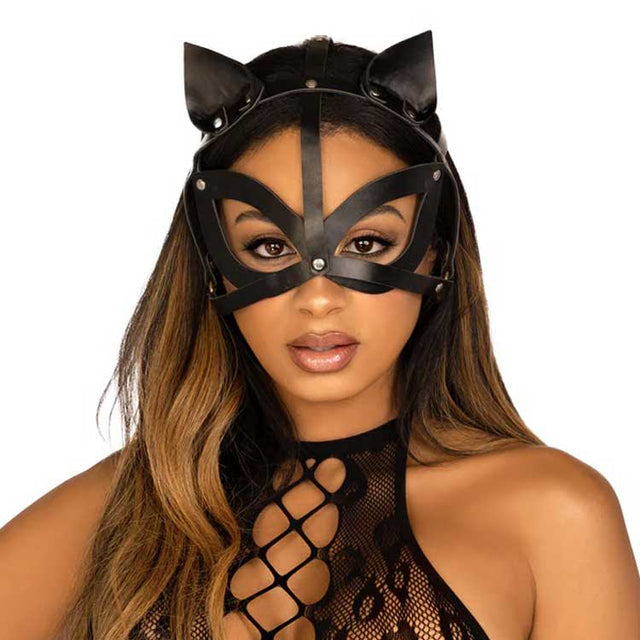 Faux Leather Studded Cat Mask Black