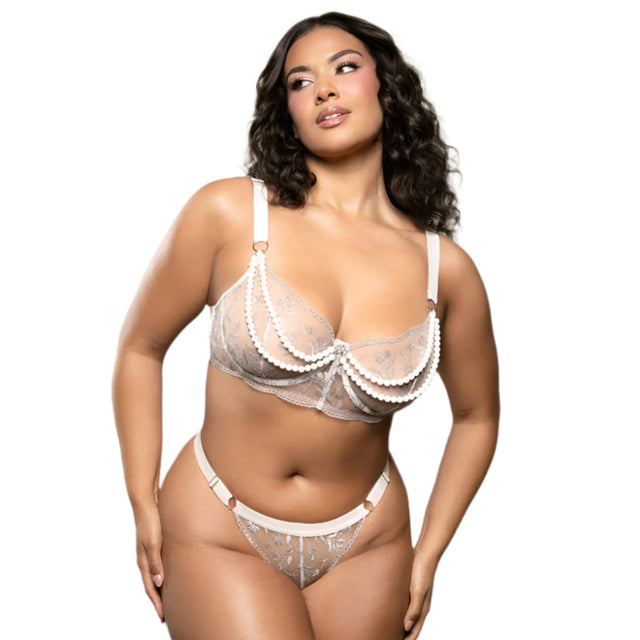 Opulence Metallic Embroidered Bra with Pearl Chains Queen