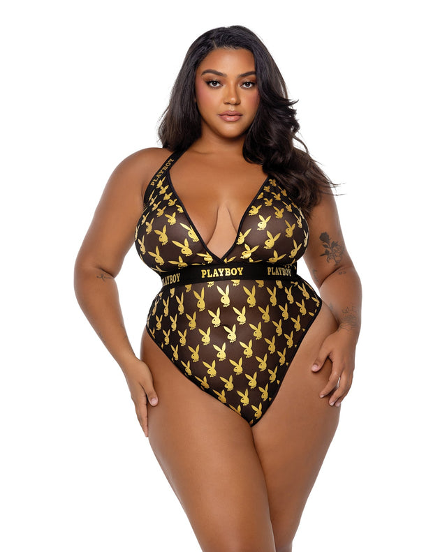 Playboy Bunny Gold Foil Halter Teddy 1X / Black/Gold