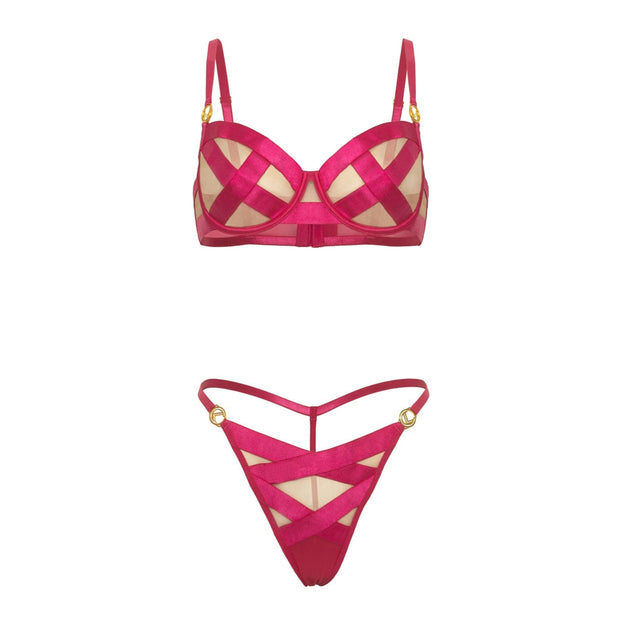 Raelynn Satin Strappy Mesh Bra Set