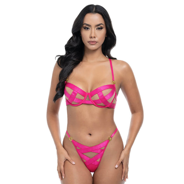 Raelynn Satin Strappy Mesh Bra Set Pink Yarrow / Small