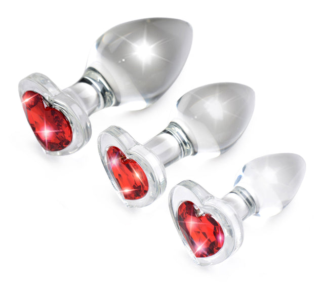 Red Heart Gem Glass Anal Plug 3-piece Set Red