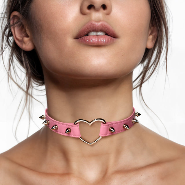 Spiked Choker Necklace with Heart Ring Pink